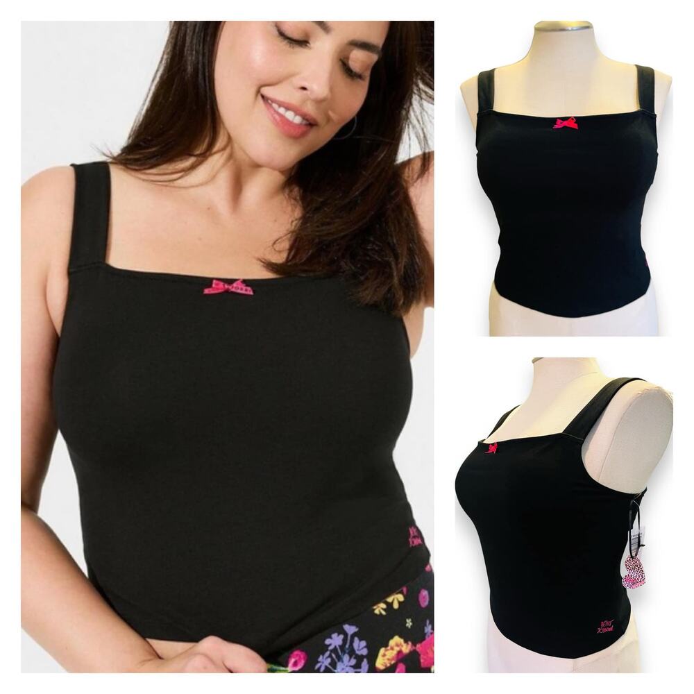 New Torrid 4 (4X 26) Betsey Johnson Black/Pink Detail Foxy Cropped Tank Top
